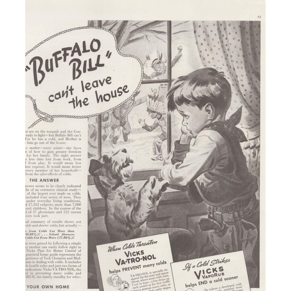 Vintage 1938 Vicks VapoRub Print Ad Pre-WWII Meds Sick Boy w/Dog Buffalo Bill